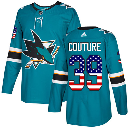 Adidas Sharks #39 Logan Couture Teal Home Authentic USA Flag Stitched NHL Jersey